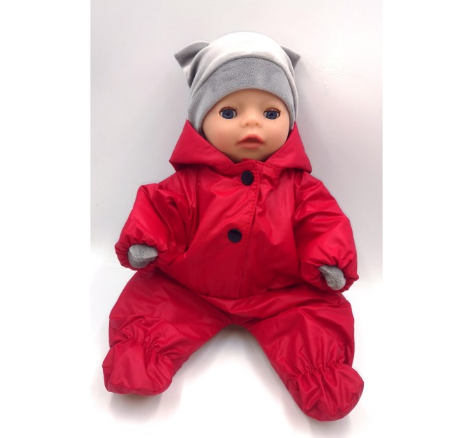Одежда для Беби Бон 36 см/Baby Born - Комбинезон красный с серой шапкой и варежками
