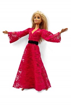 Платье для куклы Барби малиновое ажурное